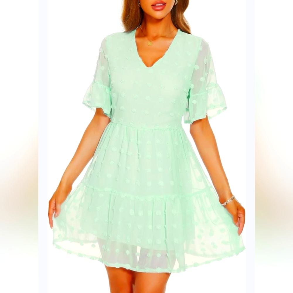 FancyInn Long Sleeves Shift tunic dress ruffle swing baby doll  Lime green  XS